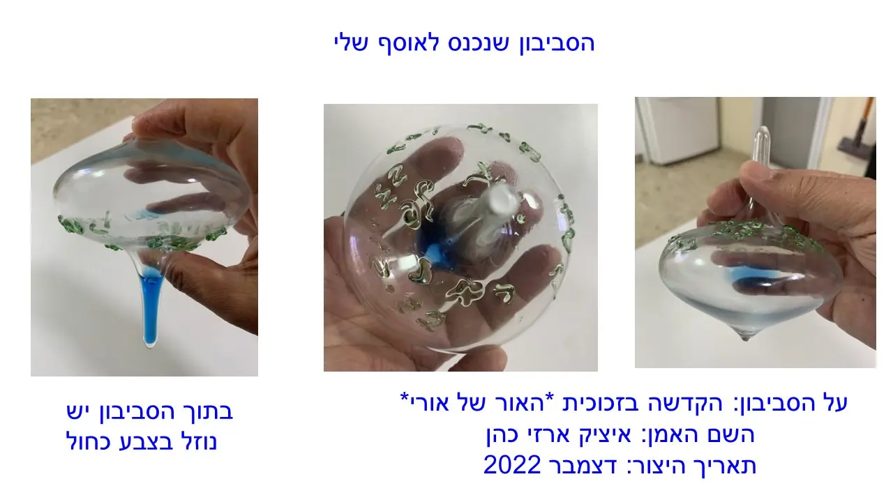 סביבונים מזכוכית עם נוזל כחול מבית היוצר של יצחק כהן ארזי כחלק מפעילות חנוכה של אמותת אורי 2022